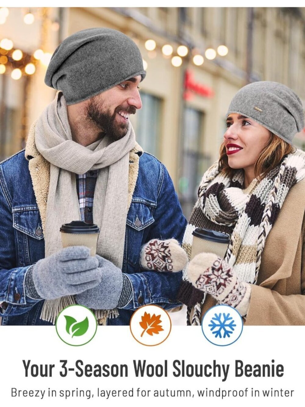 Unisex Light Grey 100% Wool Warm Knit Pull-On Winter Slouchy Skull Beanie Cap - Picture 5 of 6